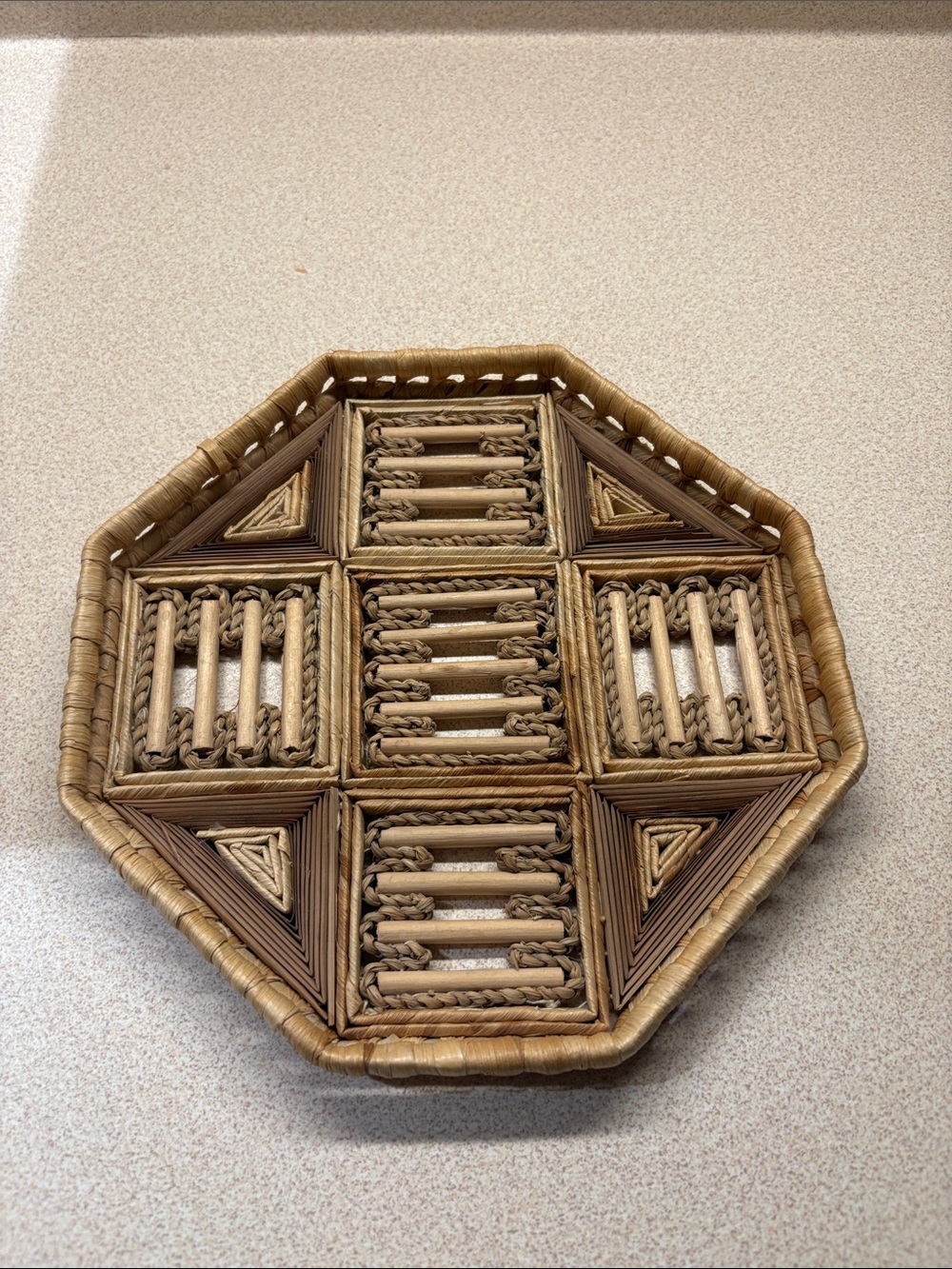 Handwoven Octagonal Wicker Tray in Natural Tan